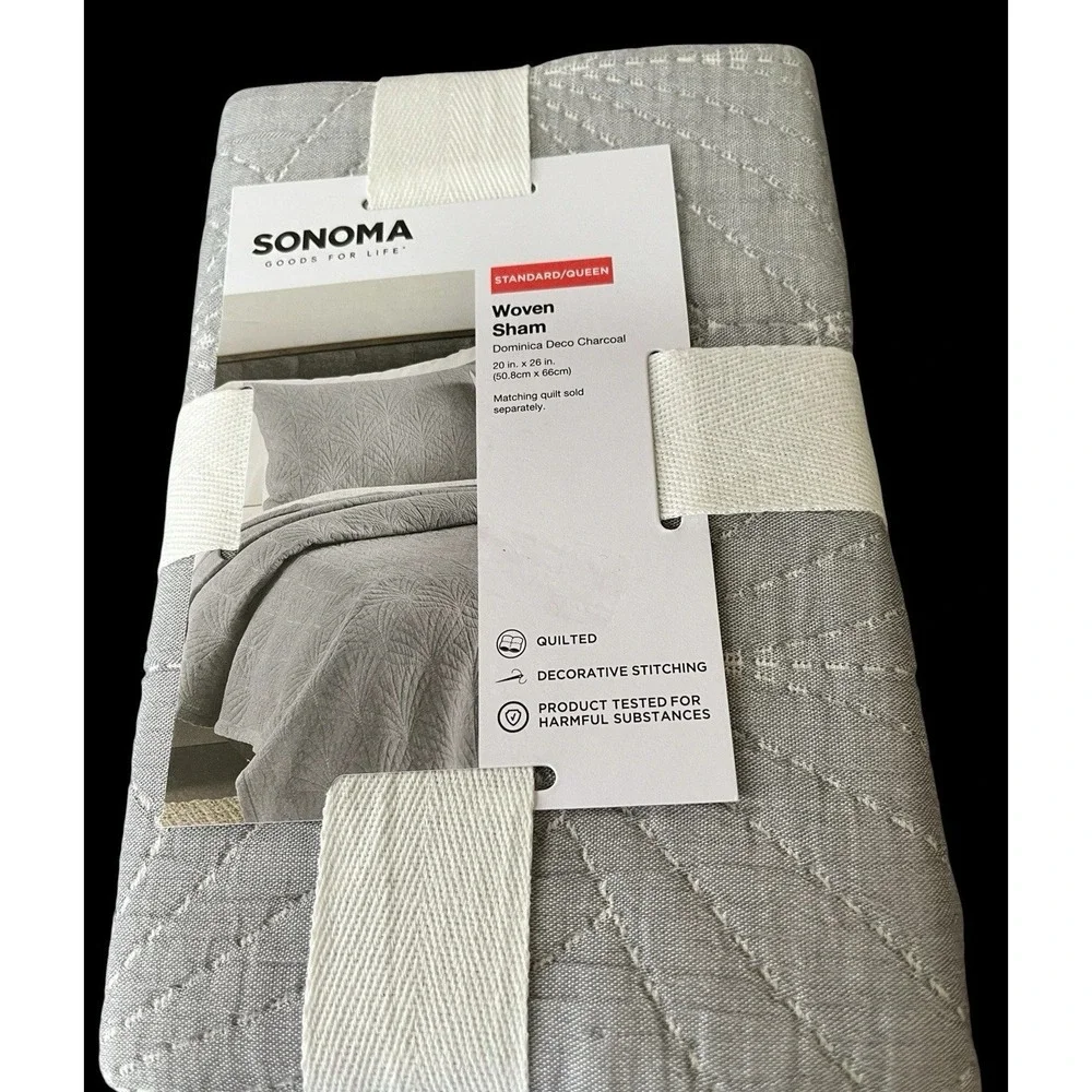 Sonoma Woven Pillow Sham Dominica Deco Charcoal Quilted Standard Queen 20 x 26
